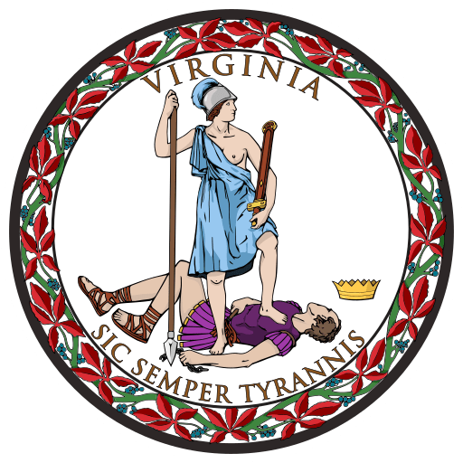 The image is of the seal of the state of Virginia, featuring a man standing and a man kneeling.