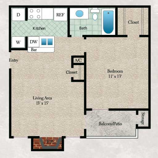 Floor Plan  1 bedroom, 1 bathroom with walk-in closet, coat closet, kitchen, living area, and private patio or balcony in select apartment homes (558 sqft)