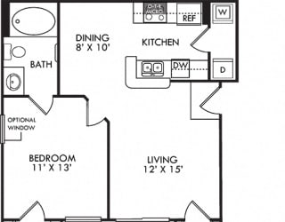 Abbington. 1 bedroom apartment. Kitchen with bartop open to living/dinning rooms. 1 full bathroom. Walk-in closet. Patio/balcony.