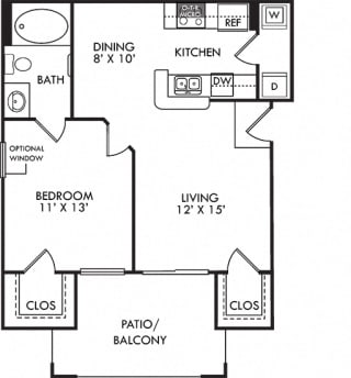 Abbington. 1 bedroom apartment. Kitchen with bartop open to living/dinning rooms. 1 full bathroom. Walk-in closet. Patio/balcony.