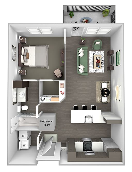 Nona Park Village - A4 - Gardenia - 1 bedroom - 1 bath - 3D Floor Plan