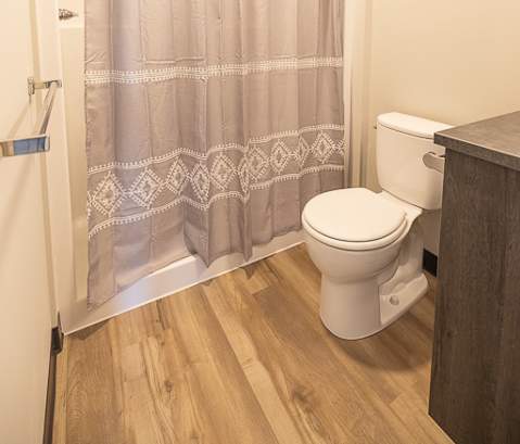a bathroom with a toilet and a shower curtain