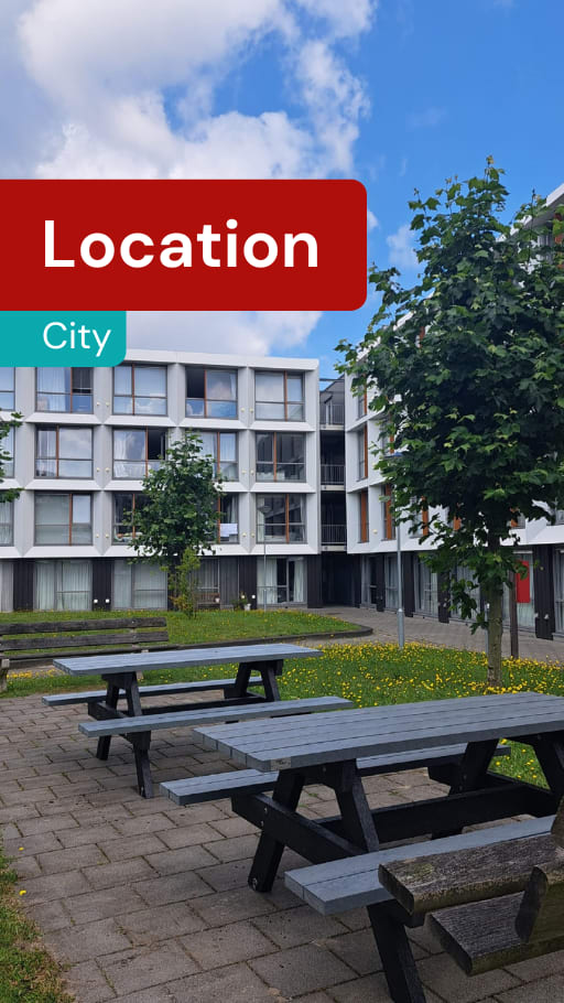 A picnic table is in front of a building with the word "Location" on the top.