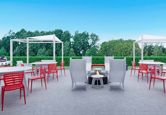 a rendering of a patio with tables and chairs