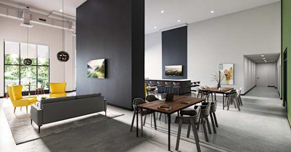 a living room and dining room with tables and chairs