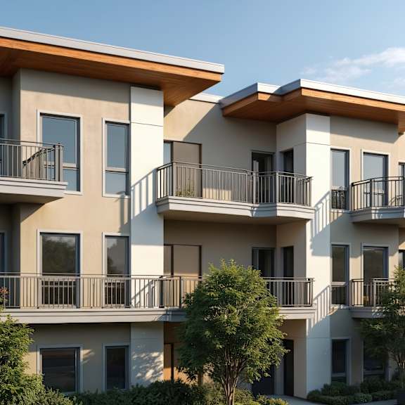 A modern apartment building with balconies and trees in front.