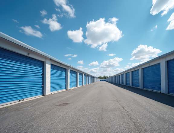 A long row of blue storage units under a clear sky.