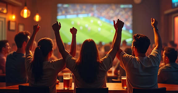A group of people are watching a soccer game on a large screen in a bar.