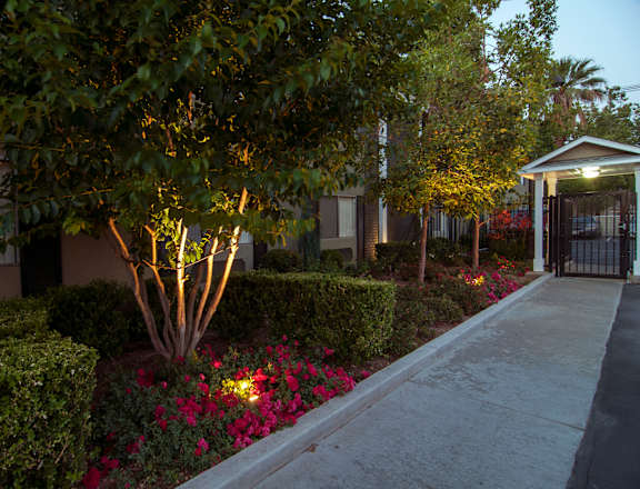 a sidewalk in front of a building with trees and flowers