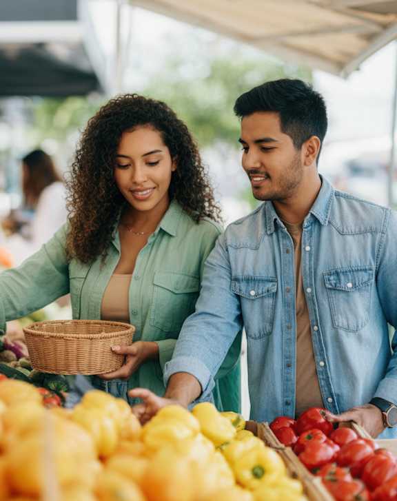 A man and woman are shopping for vegetables at a market.at The Arvon, Vancouver, 98662