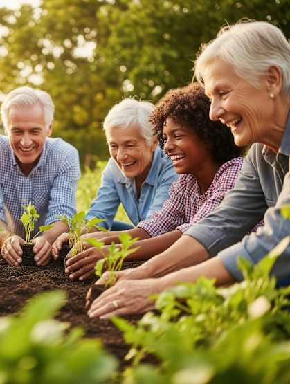 A group of people of different ages are planting seedlings in a garden.