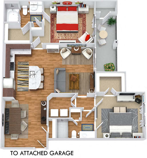 Topaz with Attached Garage 3D. 2 bedroom apartment. Kitchen with island open to living/dinning rooms. 2 full bathrooms, shower stall in master. Walk-in closets. Patio/balcony.