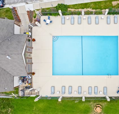 arial view of a swimming pool with lounge chairs and umbrellas
