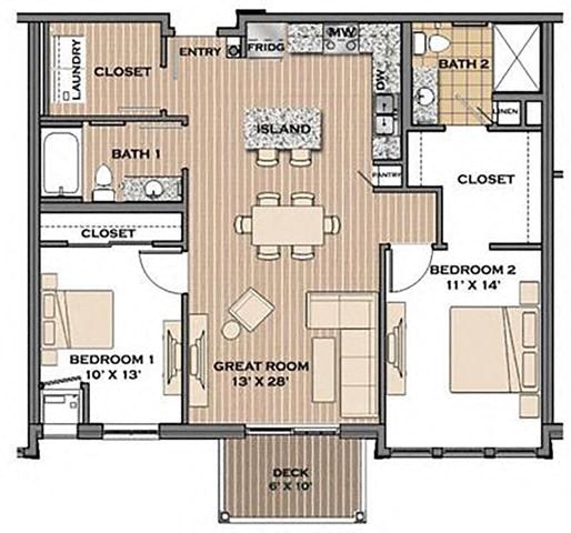 Floor Plan  2 Bed, 2 Bath, 1052 sq. ft. The Boulevard 1