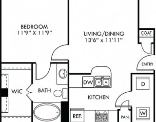 Lady Bird 1 bedroom apartment. Kitchen with bartop open to living area. 1 full bath. Expansive walk-in closet. Patio/balcony.