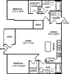 The Miller with Attached Garage. 2 bedroom apartment. Kitchen with island open to living/dinning rooms. 2 full bathrooms. Walk-in closets. Patio/balcony.