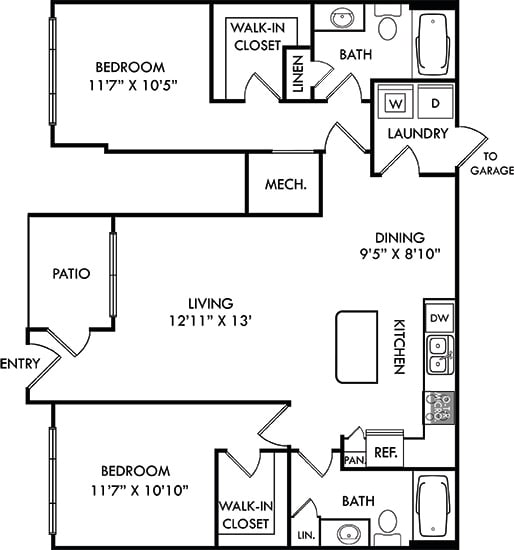 The Miller with Attached Garage. 2 bedroom apartment. Kitchen with island open to living/dinning rooms. 2 full bathrooms. Walk-in closets. Patio/balcony.