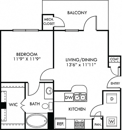 Lady Bird 1 bedroom apartment. Kitchen with bartop open to living area. 1 full bath. Expansive walk-in closet. Patio/balcony.