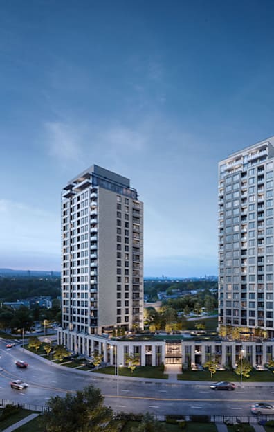 Two modern high-rise buildings are shown in the image.