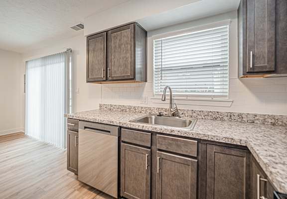 A kitchen with a sink, dishwasher, and cabinets.