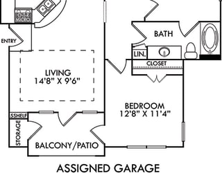 The Torino with Assigned Garage. 2 bedroom apartment. Kitchen with bartop open to living/dining rooms. 1 full bathroom. Walk-in closet. Patio/balcony.