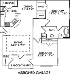 The Torino with Assigned Garage. 2 bedroom apartment. Kitchen with bartop open to living/dining rooms. 1 full bathroom. Walk-in closet. Patio/balcony.
