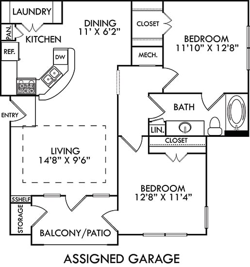 The Torino with Assigned Garage. 2 bedroom apartment. Kitchen with bartop open to living/dining rooms. 1 full bathroom. Walk-in closet. Patio/balcony.