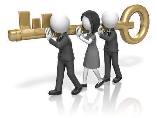 Three 3D people carry a bar chart and a key.