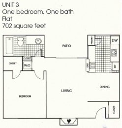 1 Bedroom 1 Bath Floor Plan at Williamsburg Apartments, Grand Prairie, Texas