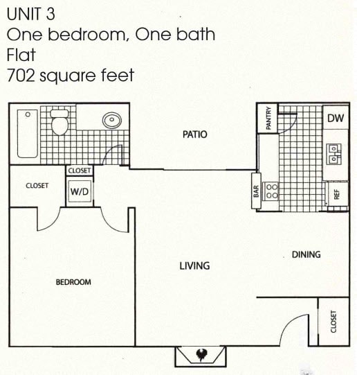 1 Bedroom 1 Bath Floor Plan at Williamsburg Apartments, Grand Prairie, Texas