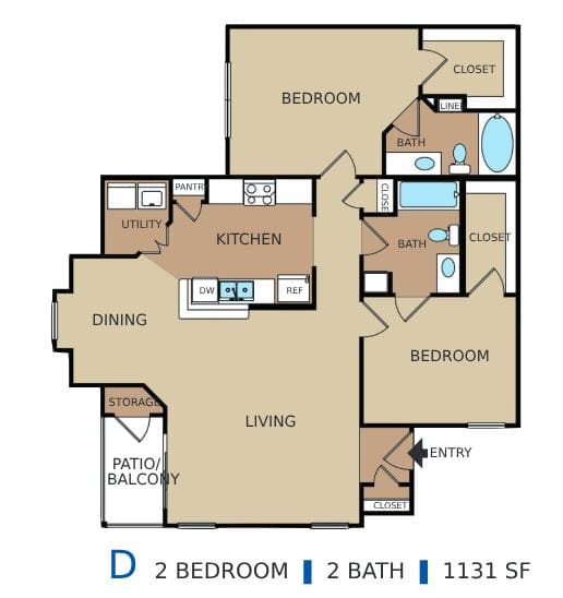 A floor plan of an apartment with two bedrooms and two bathrooms.