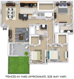 Mabry with Fenced-in Yard 3D 3 bedroom apartment. Kitchen with bartop open to living & dinning room. 2 full bathroom. Walk-in closets in all bedrooms. Patio/balcony, with storage & yard.