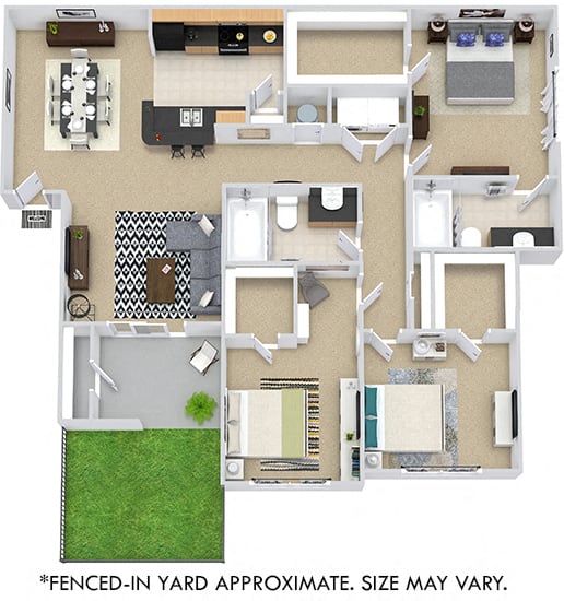 Mabry with Fenced-in Yard 3D 3 bedroom apartment. Kitchen with bartop open to living & dinning room. 2 full bathroom. Walk-in closets in all bedrooms. Patio/balcony, with storage & yard.