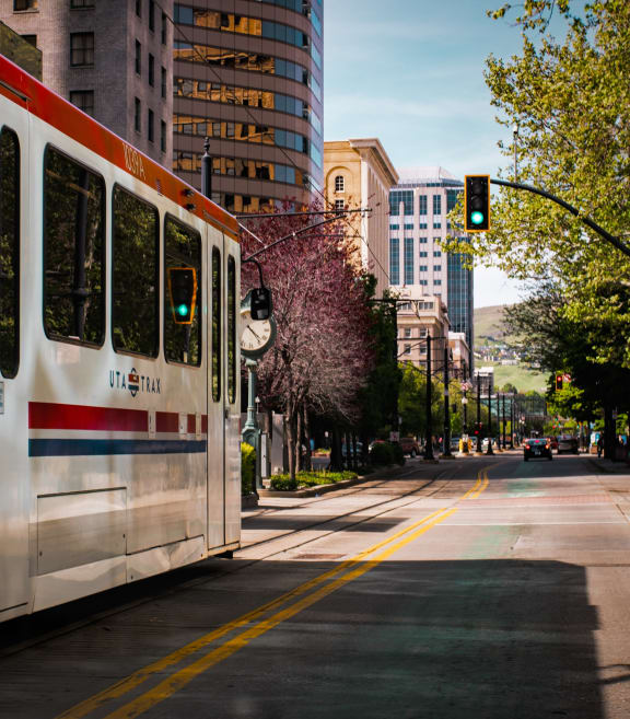 a train on a city street
