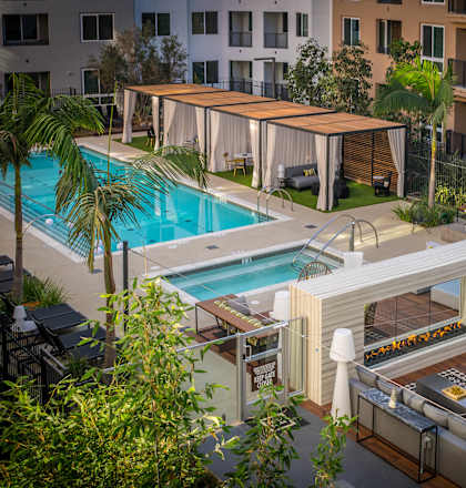 Aerial Pool View at Baker Block, Costa Mesa, California