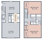2 bedroom 2.5 bathroom  Reginald (2.25a) FloorPlan at Barrington Estates Apartments, Indianapolis