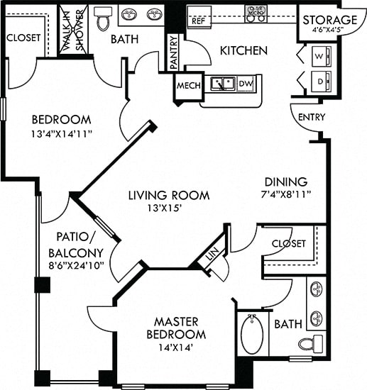 Sevilla. 2 bedroom apartment. Kitchen with bartop open to living room. 2 full bathrooms, double vanities. Walk-in closets. Patio/balcony. External storage.