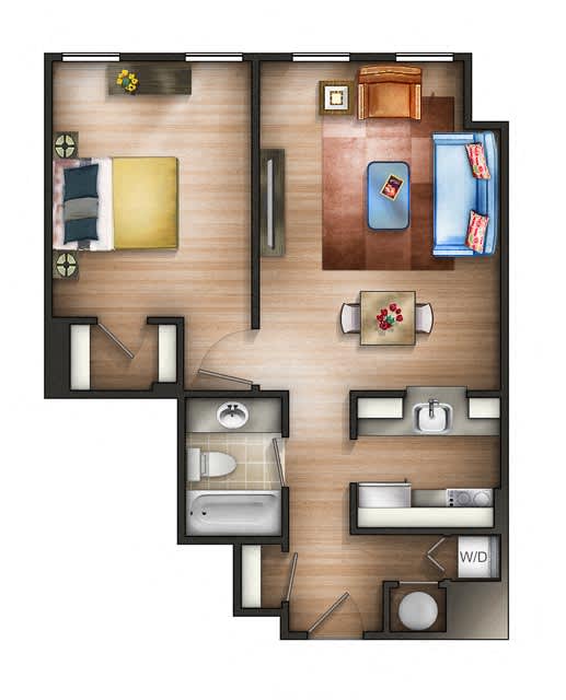 1 Bedroom - 1D Floor plan at The Saratoga Apartments, Washington