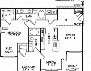 Buxton 2 bedroom apartment. kitchen with bar overlooking dining area-living area. optional extra entry closet. 2 baths. in-unit laundry.
