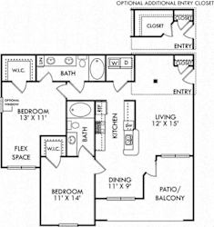 Buxton 2 bedroom apartment. kitchen with bar overlooking dining area-living area. optional extra entry closet. 2 baths. in-unit laundry.