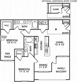Buxton 2 bedroom apartment. kitchen with bar overlooking dining area-living area. optional extra entry closet. 2 baths. in-unit laundry.