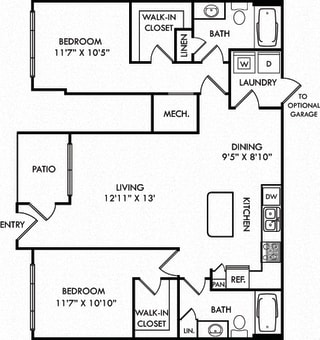 The Miller. 2 bedroom apartment. Kitchen with island open to living/dinning rooms. 2 full bathrooms. Walk-in closets. Patio/balcony.
