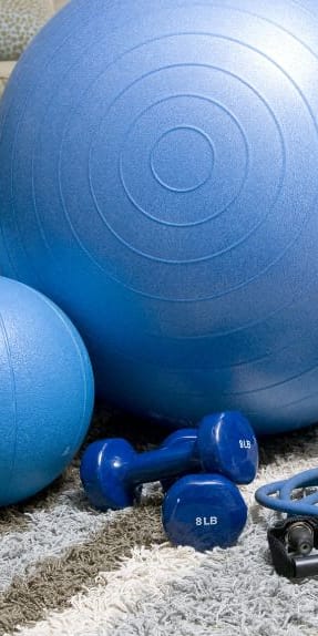 a group of balls and dumbbells on the floor