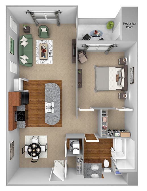 A2 3D floor plan 1-bedroom First and Main Apartments - 3D Floor Plans