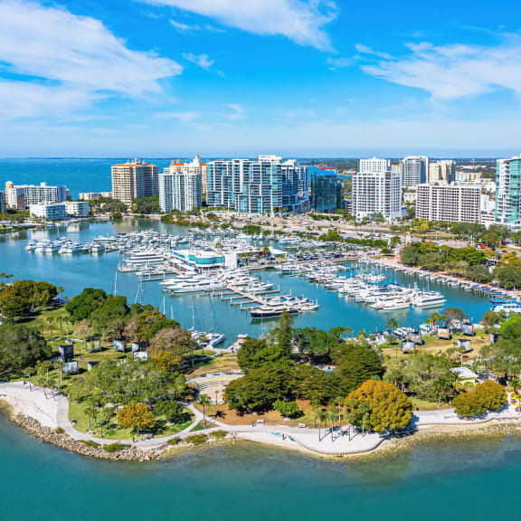 an aerial view of the marina and
