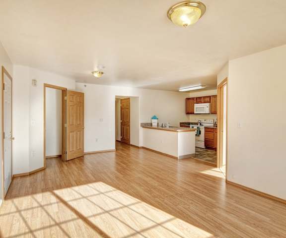 A view of the large empty living room with a window and the kitchen with white appliances and wooden large cabinets at Timber Ridge Apartment Homes. 