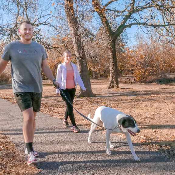 A man and woman walking their dog in a park at Wildwood Estates Apartment Homes.