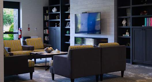 a living room with couches and chairs and a television
