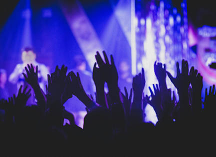 A crowd of people with their hands raised at a concert.