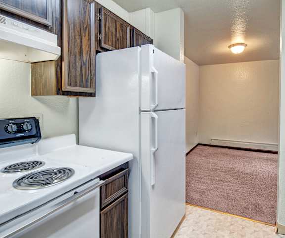 A view of the empty carpeted living room with a window and the kitchen with white appliances and wooden large cabinets at Ladera Villa Apartments. 